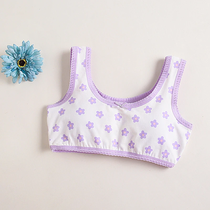 1pcs Girl Purple Flowers Bra Set Teens Comfy Underwear Set Children Cotton Breathable Bras Size 130-160