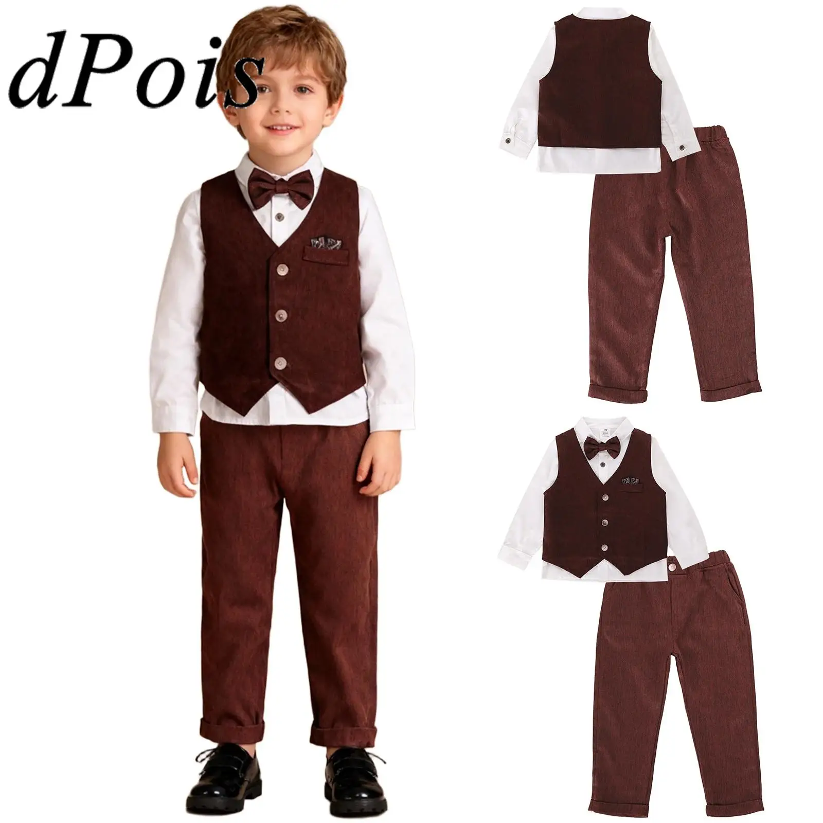 Bambini Ragazzi Uniformi scolastiche Abito da gentiluomo Camicia Gilet Pantaloni Set di vestiti per la festa di compleanno Abiti da battesimo Abiti da ragazzo
