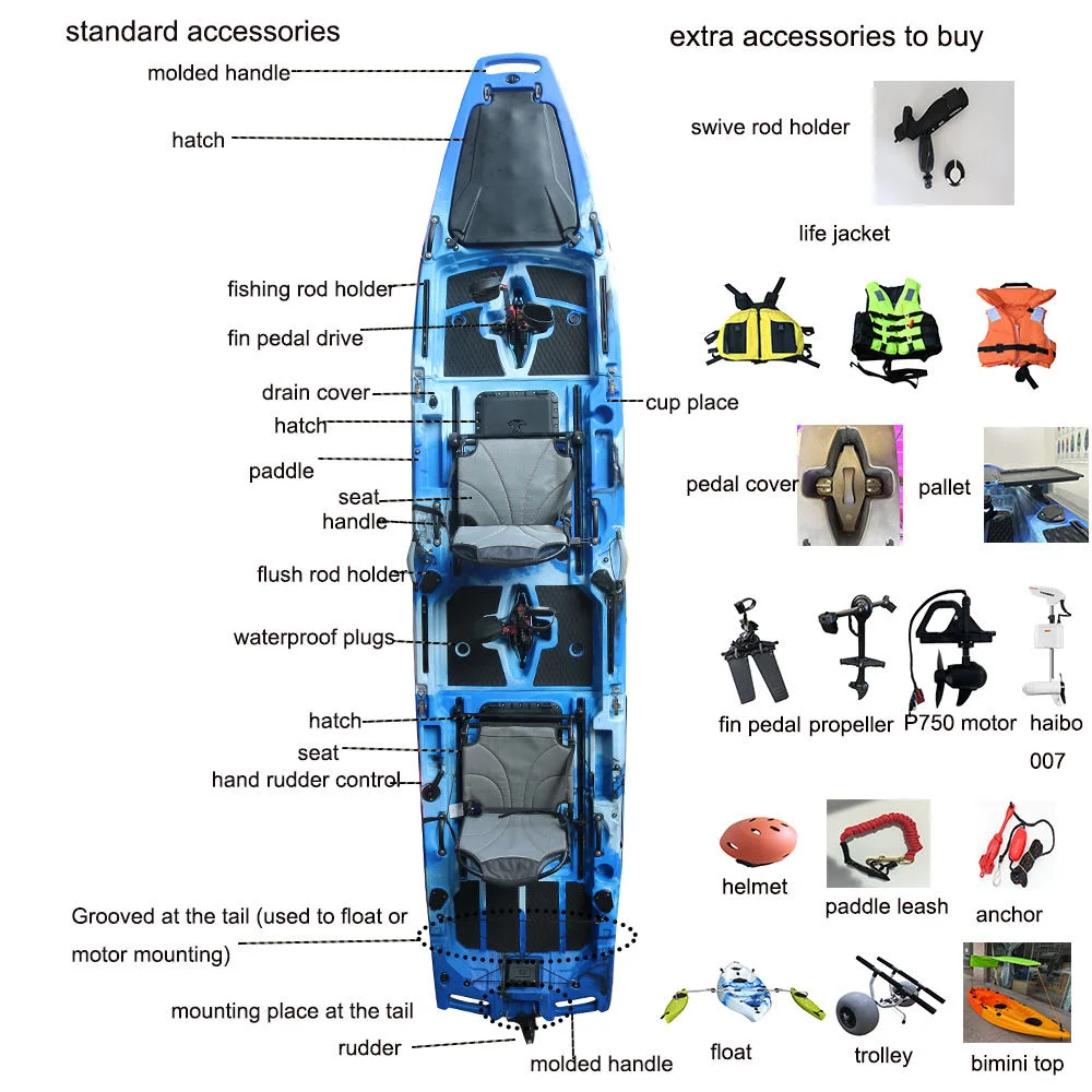 OEM Wholesale 14 FT HDPE 3 Section Tandem Pedal Drive Kayak Electric Motor Ready Factory Direct Fishing Kayak
