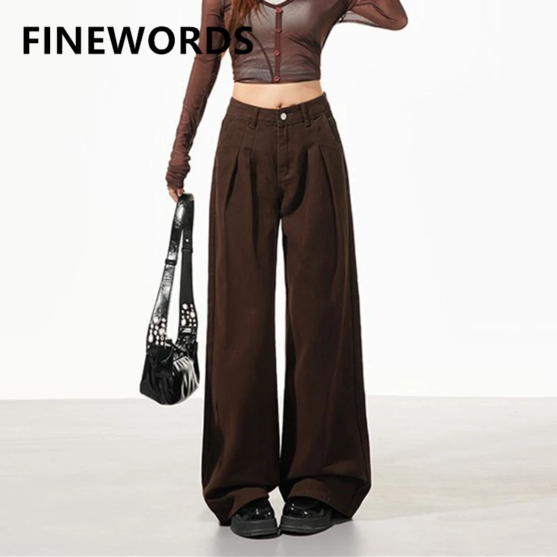 

FINEWORDS Women's Brown High Waist Wide Leg Jeans Pleated Loose Fit Casual Trousers Streetwear Full Length Pants
