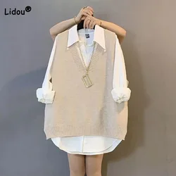 Autumn Winter Trend All-match Solid Color Knitted Vest Women's Clothing V-Neck Loose Simplicity Sleeveless Sweaters for Female