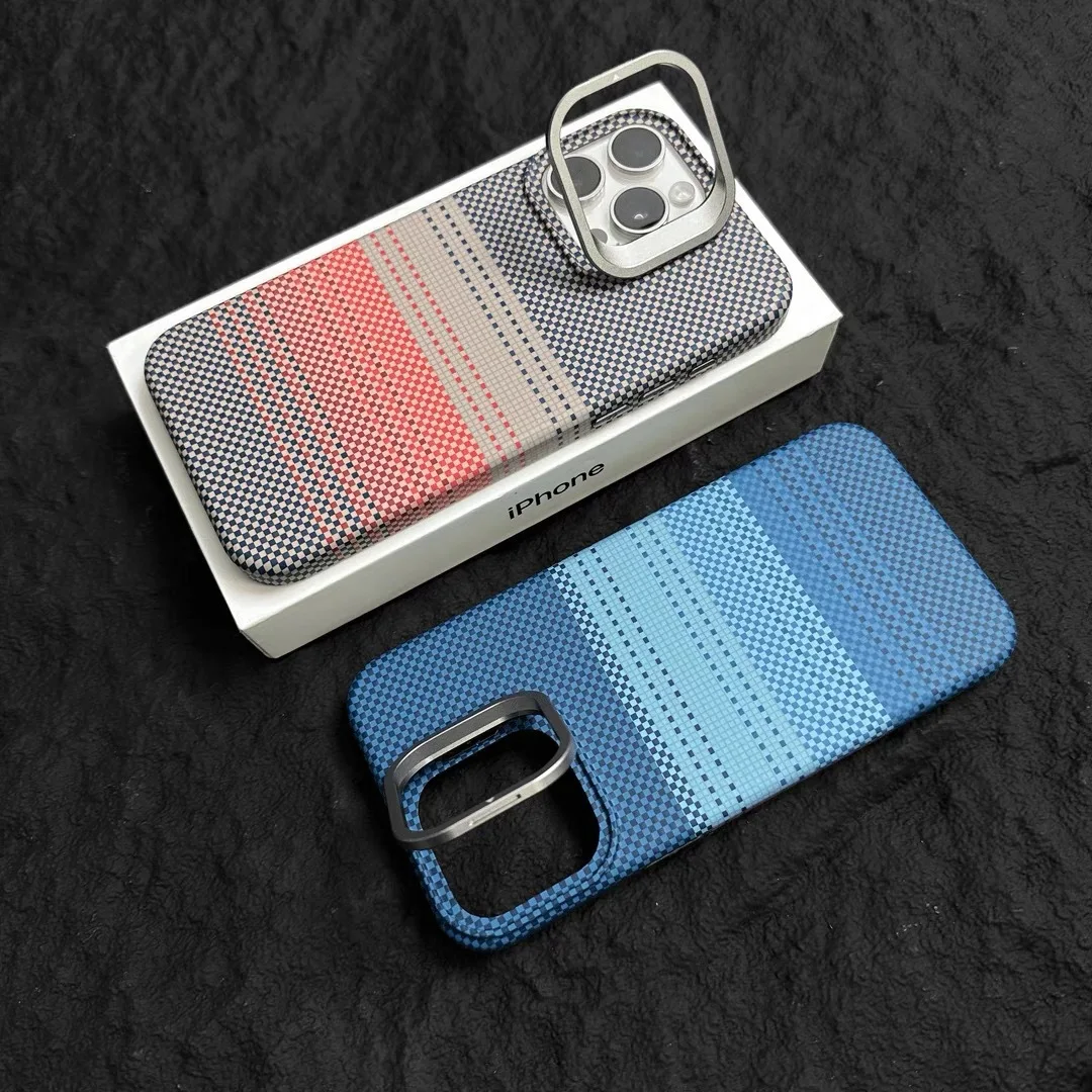 Luxuriöse Kohlefaser-Kevlar-Muster-Abdeckung für iPhone 13, 14, 15, 16 Pro Max Plus, magnetische Handyhülle, Ständer, Sonnenuntergang, schlank