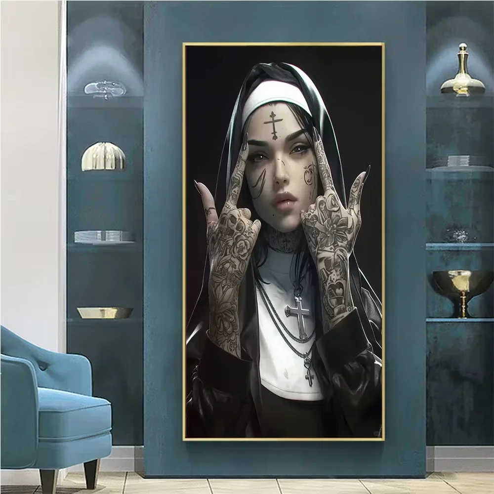 (No frame)Sexy Tattoo Machine Gun Nun Poster Print Christian Smoking Nun Canvas Painting Living Room Background Wall Home Dec