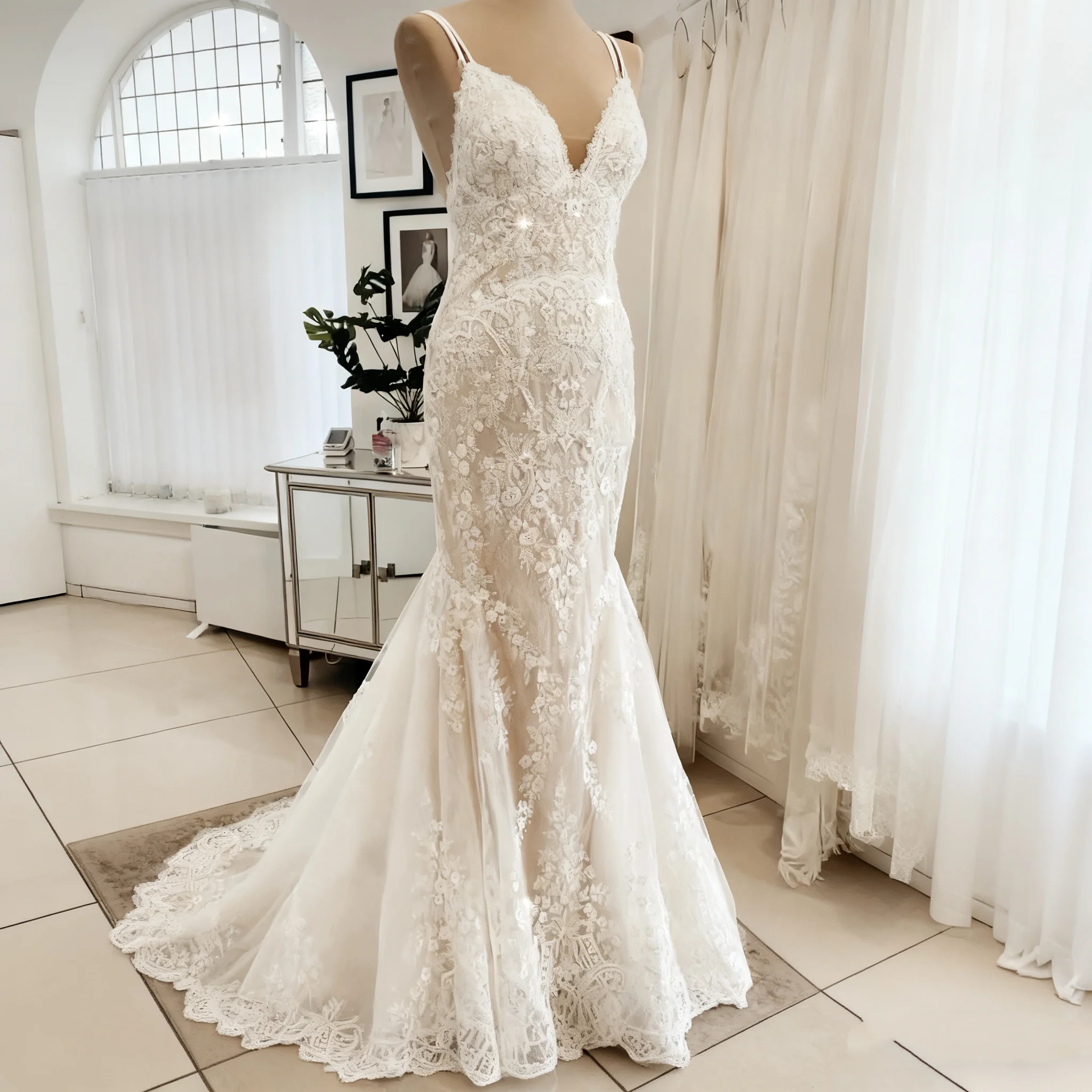 2025年カスタマイズアイボリーレースマーメイドウェディングドレス、スリムなショルダーストラップとセクシーな深いVネックのバックレスデザイン