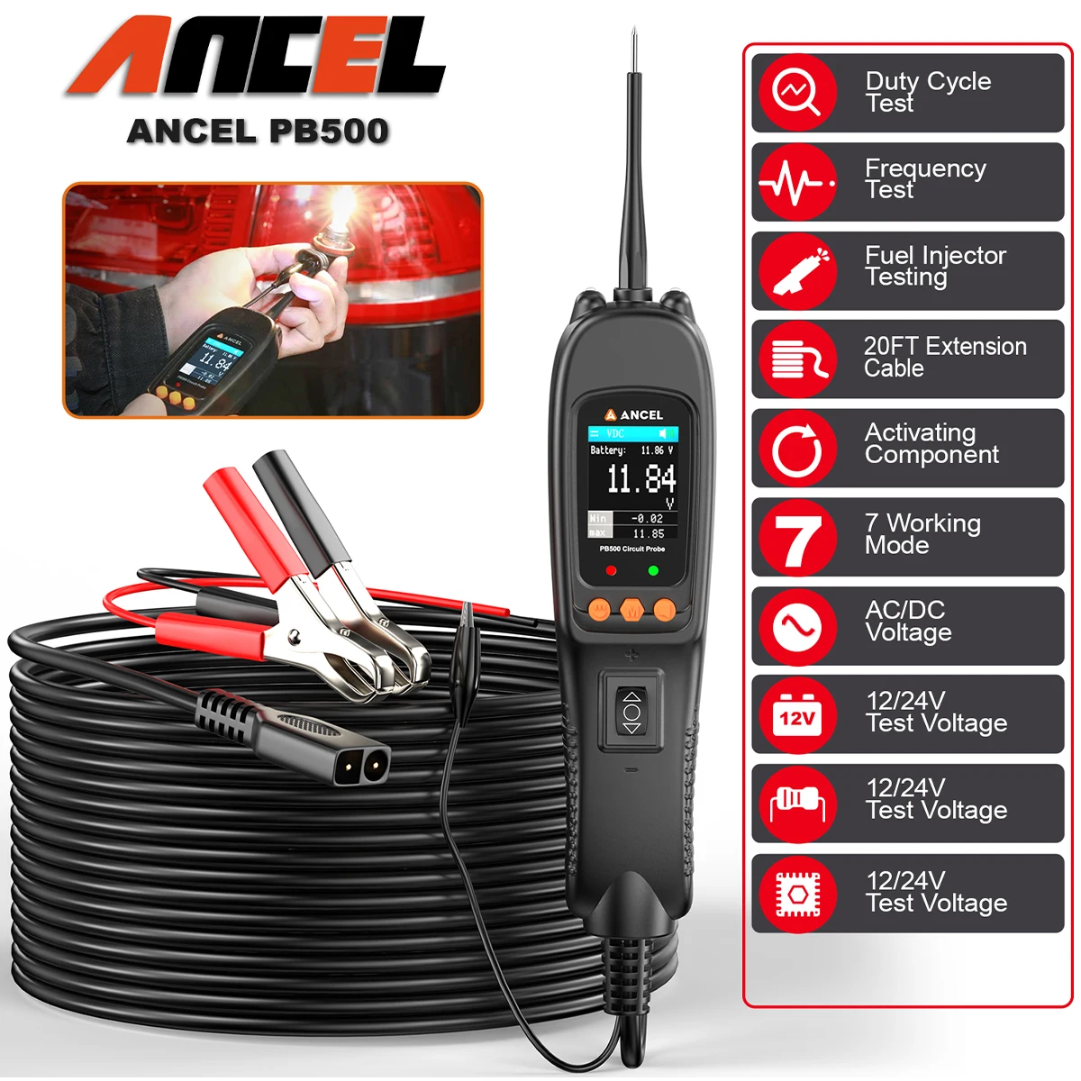 

ANCEL PB500 12/24V Automotive Power Circuit Probe Tester Car Electrical Short/Open Breaker Finder AC/DC Diode Resistance Tester