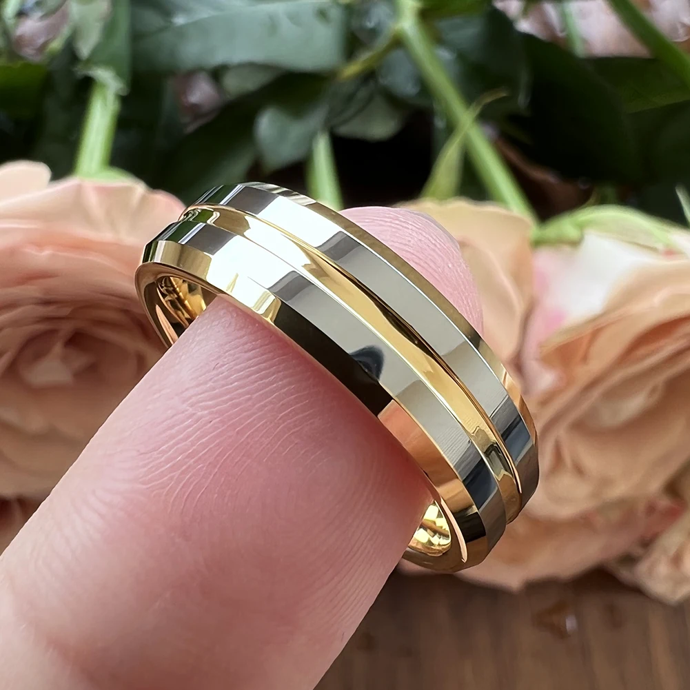 6 mm 8 mm Wolfram-Ring für Damen und Herren, Verlobung, edler Schmuck, Ehering in der Mitte, gerillt, abgeschrägte Kanten, poliert, glänzend, bequeme Passform – Detail 9