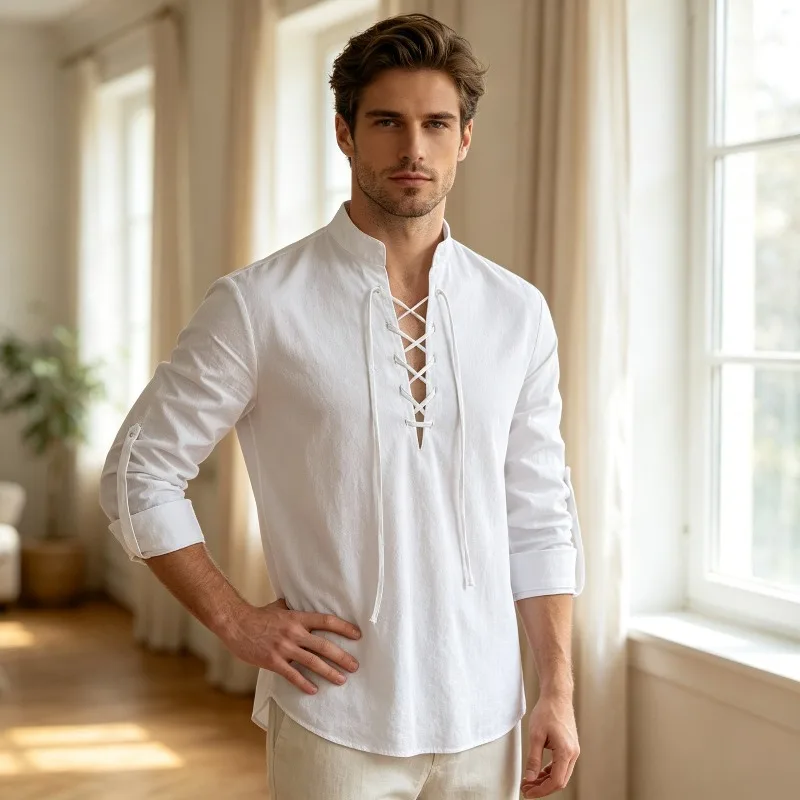 Men's Lightweight Henley Shirt with Stand Collar Retro Hippie Beach Long Sleeve Casual Summer Top for Streetwear