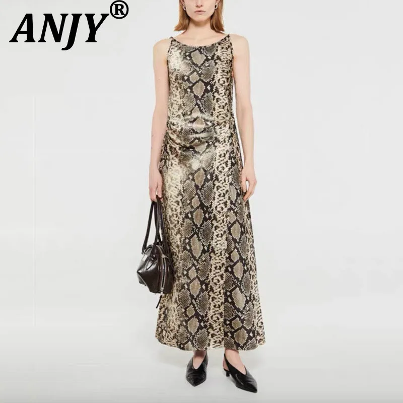 

ANJY Summer New Women Fashion Print Shirring Split Lace-Up Sleeveless Long Dress Trend Chic Slim Fit Elegant Slip Dresses A22402