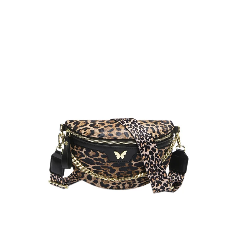 Fashion Leopard Women Waist Bag Female Phone Purses Ladies Chain Chest Wide Strap Crossbody Shoulder Bags Small Chain Fanny Pack