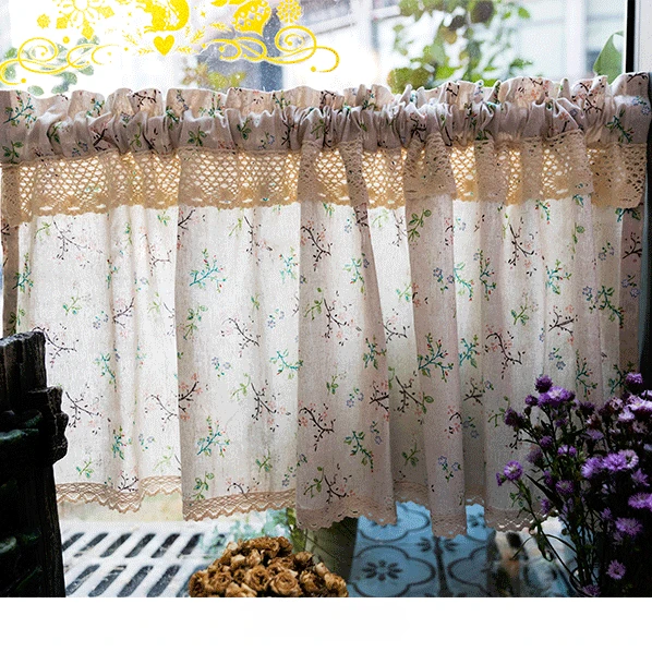 

Window Valance Floral Printed Linen Cotton Short Window Curtain with Lace Farmhouse Rod Pocket Semi-sheer Kitchen Curtains Decor