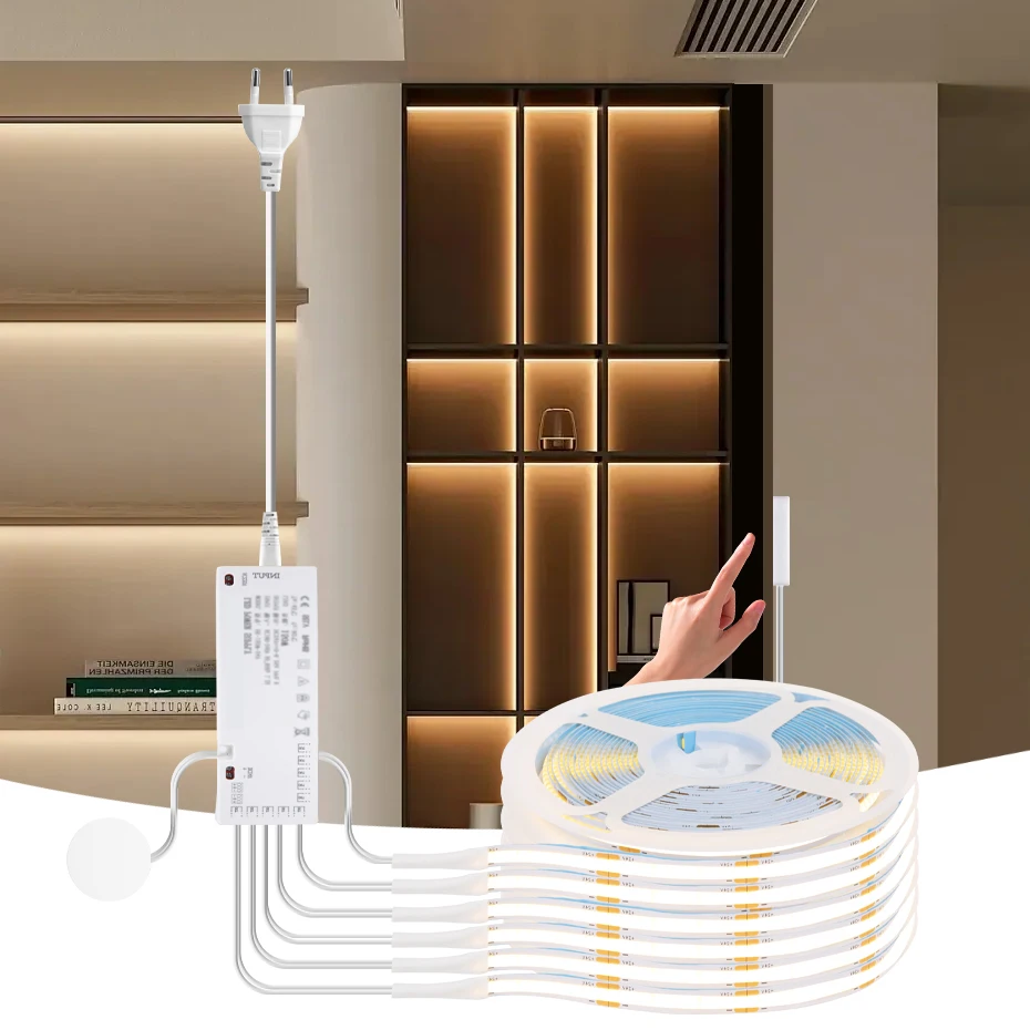 

1 м-5 м 12 В COB светодиодная лента с регулируемым деревянным сенсорным диммером, клейкая лента, вилка стандарта ЕС/США/Австралии/Великобритании для кухонного шкафа, гардероба