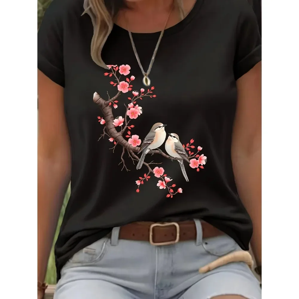 Women's Casual T-Shirts Cherry Blossom and Birds Graphic Soft Comfortable Breathable Summer Ladies T-Shirts Fashion Graphic Y2K