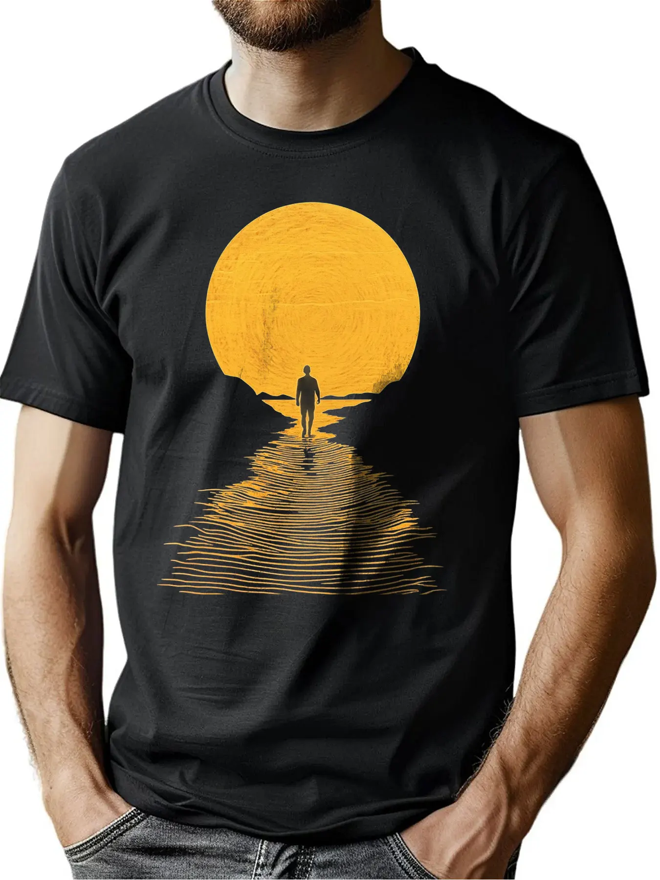 

Men's Radiant Sun Print Crew Neck Tee Skin Friendly Pure Cotton Relaxed Fit Machine Washable Outdoor Wear Christmas Gift For Fat