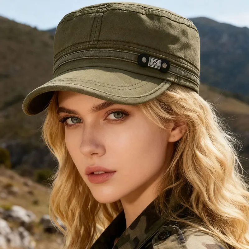 Washed Denim Flat Top Military Cap for Men, Vintage Distressed Sun Hat, Outdoor Casual Baseball Cap for All Seasons