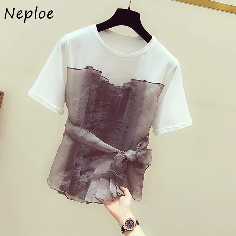 Neplo 2024 Summer Korea Femme Casual Fake Two-Piece Top Elegant Simple O-Neck Tees Mesh Bandage Slim Waist Short Sleeve T-Shirts