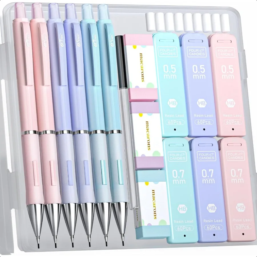 

Pastel Mechanical Pencil Set 6PCS 0.5 mm 0.7mm Pencils with 360PCS HB 2 Lead Refills 3PCS Erasers and 9PCS Eraser Refills Cute