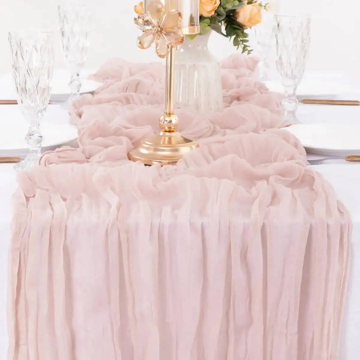 Käsetuch-Tischläufer im Boho-Stil, Rustikaler Gaze-Tischläufer für Gender-Reveal-Partys, Hochzeiten, Geburtstage und Heimdekoration – Detail 2