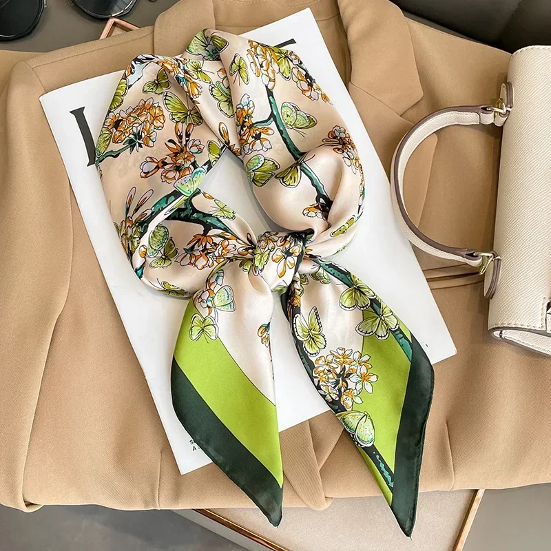 Floral Butterfly Print Silk Square Scarf Women 70*70cm Soft Satin Hairband Neckerchief Headband Lady Foulard Bag Ribbon Kerchief