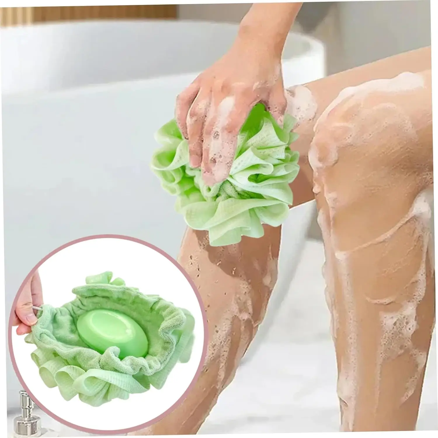 2PCS 2 in 1 Washcloth Loofah Combo,Loofah Fine Mesh Shower Loofah and Soap Storage Washcloth Bath,Sponge with Drawstring