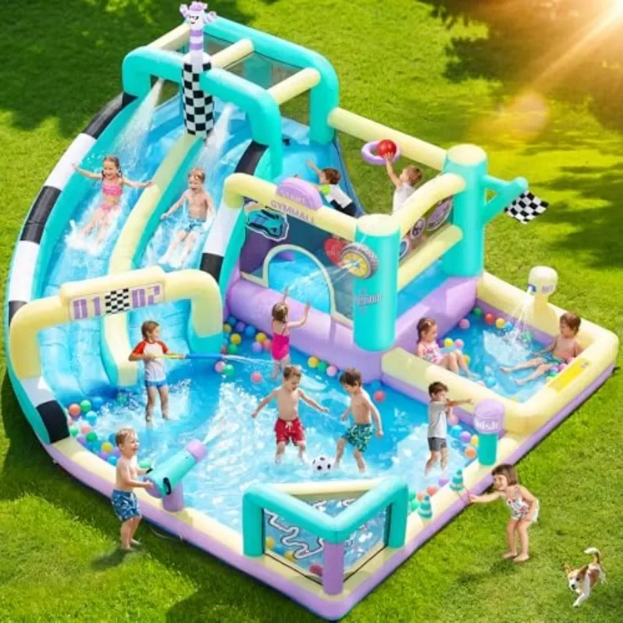 

Double Water Slide with 750 W Blower, Blow up 12-in-1 Waterslide Park Bouncy Castle Outdoor, Racing-Themed Bouncer House with S