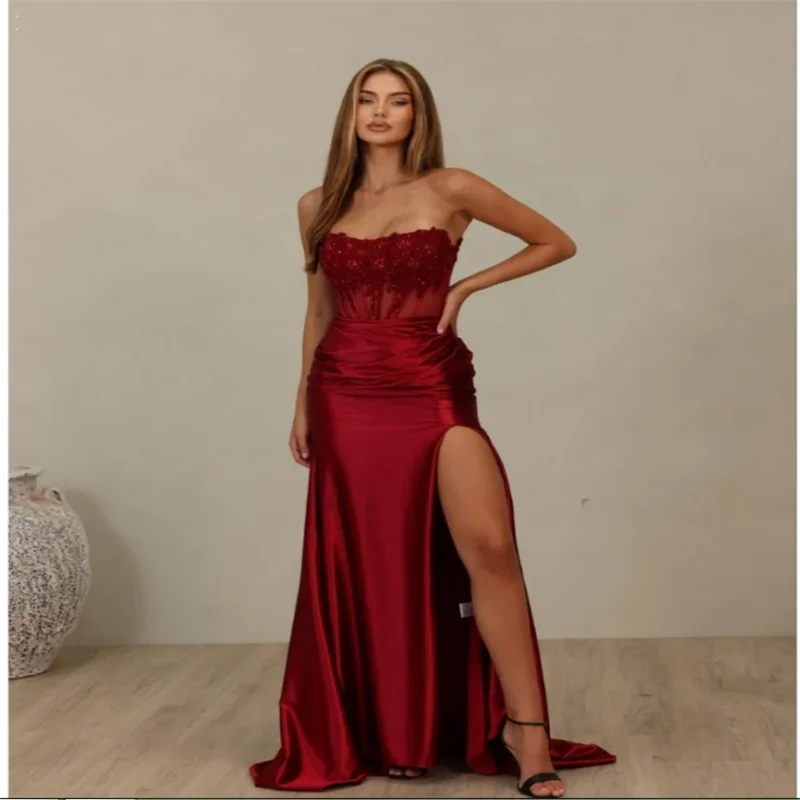 Personalize lantejoulas vermelhas sem alças robes de soirée fenda lateral sem mangas vestidos de baile até o chão renda elegante vestido de casamento 2025