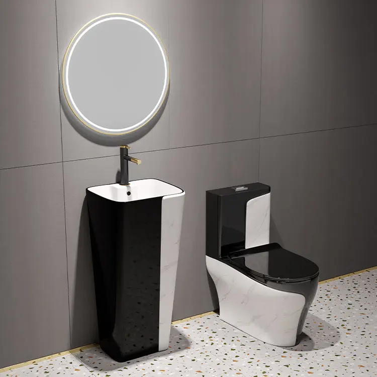 Wholesale Sanitary Ware Luxury Siphonic Flush Bathroom Wc Black White Color One Piece Ceramic Toilet And Sink Set