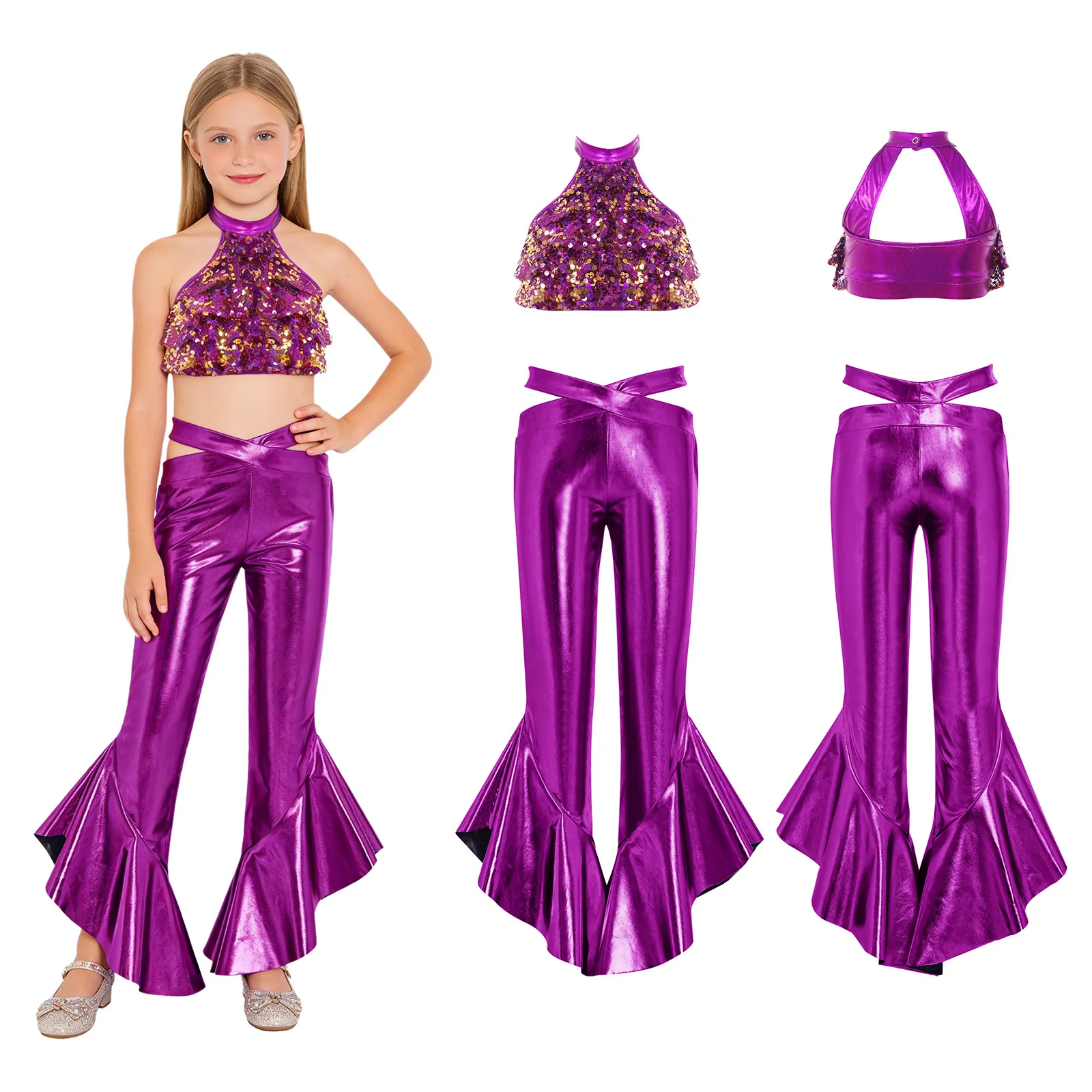 

Kids Girls Shiny Jazz Disco Dance Performance Outfits Tango Samba Dancewear Sleeveless Sequin Tiered Crop Top And Flared Pants