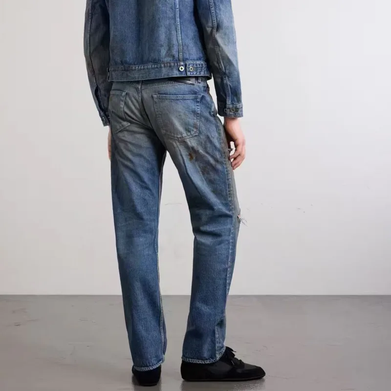 HKSH Spring New Men's RO High Street Washed Ripped Hem Jeans Vintage Distressed Casual Flared Loose Straight Denim Pants HK27198