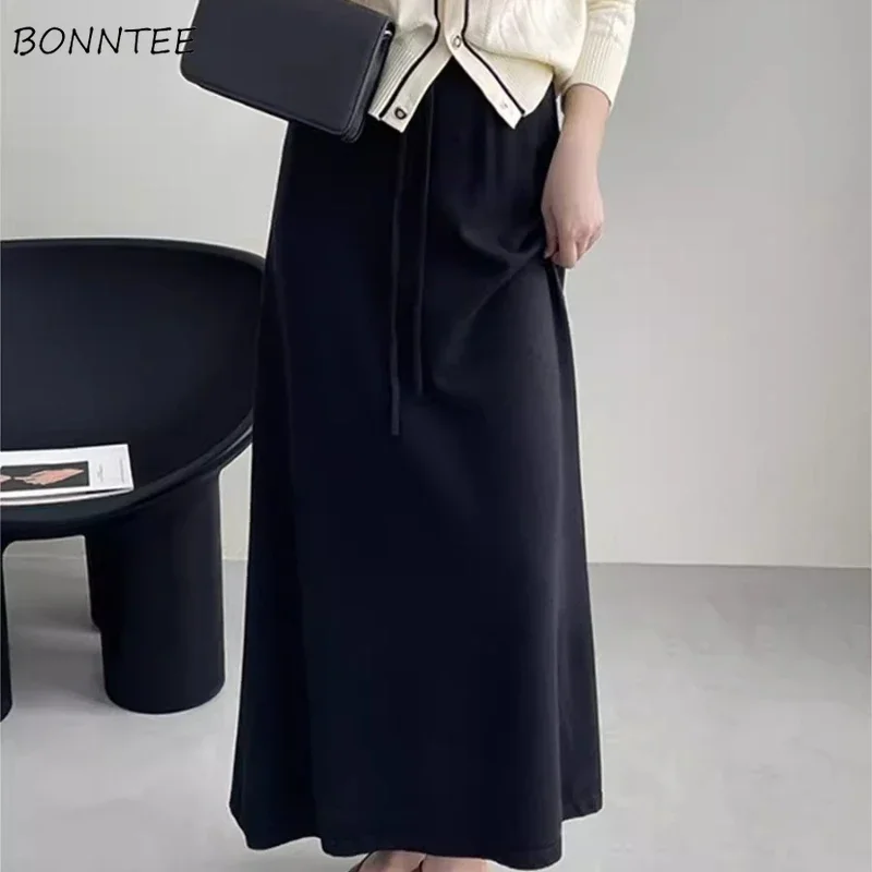 

Vintage Midi Skirts Women Knitted Drawstring Age-reducing All-match Temper Simple Autumn A-line Faldas Fashion Tender Soft New