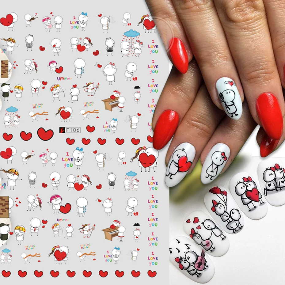 3D Love Valentine Nail Sticker Cartoon Cute Couple Lover Sliders Red Lips Heart Design Wrap Nails Art Manicure Decoration BEF106