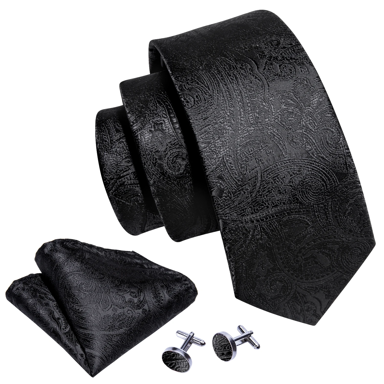 Barry.Wang Black White Gray Silver Silk Mens Tie Pocket Sqaure Cufflinks Set Jacquard Necktie For Male Wedding Business Party