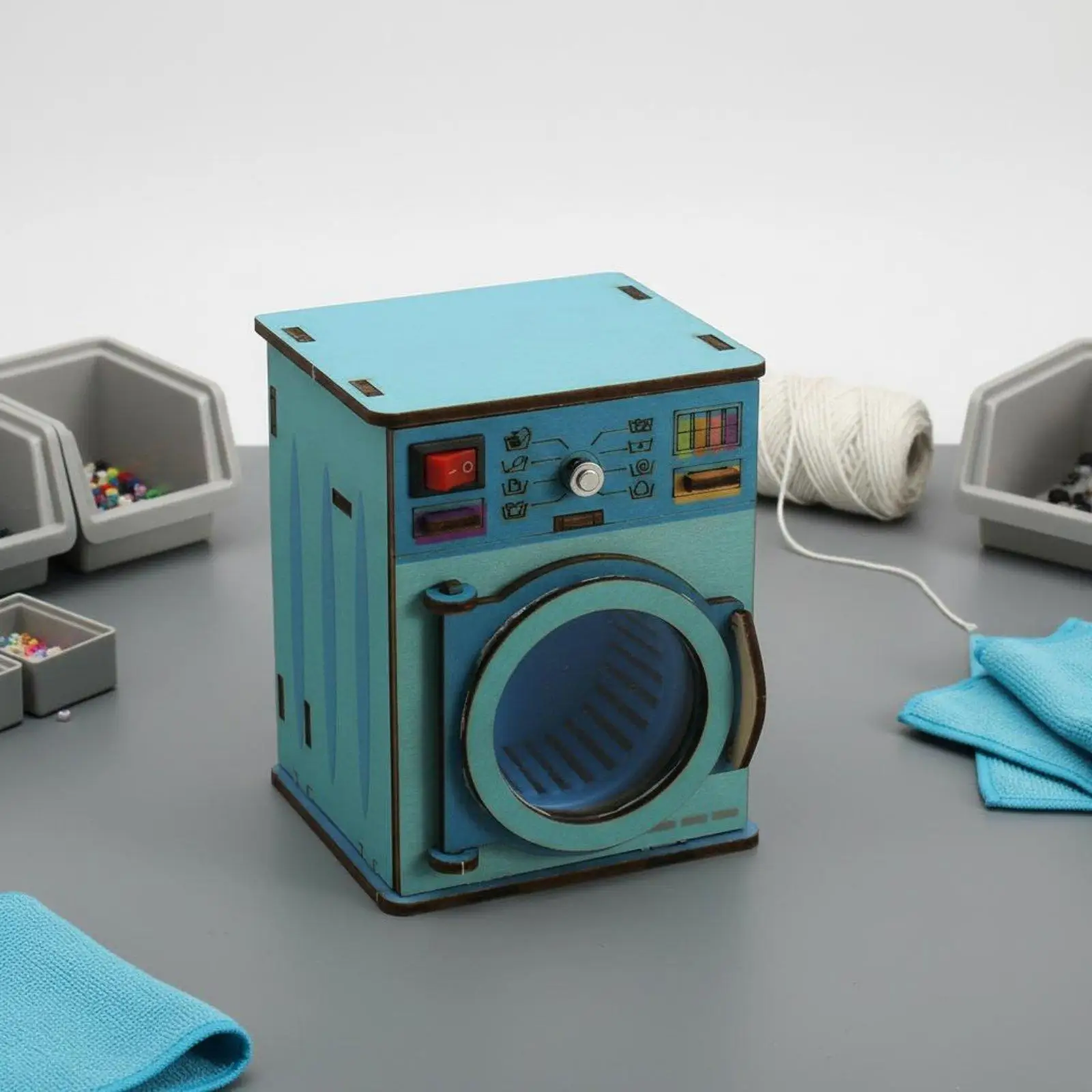 DIY Wooden Washing Machine Model Science Kit for Kids Educational Toy with Rotating Drum and Front Door for Learning Motor