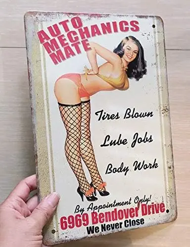 HISIMPLE Retro We never close Metal Tin Sign,Pin Up Girl Poster,Sexy Women Vintage Metal signs for Men Women,Wall Decor for sign