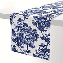 Blue White Porcelain Peony Floral Linen Table Runner Dresser Scarf Home Decor Farmhouse Holiday Wedding Party Dining Table Decor