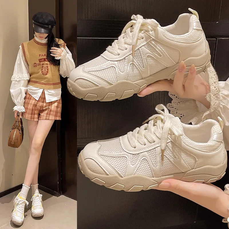 

Новинка 2025, женские модные дышащие сетчатые кроссовки, спортивные кроссовки на толстой подошве со шнуровкой, женская повседневная уличная нескользящая обувь