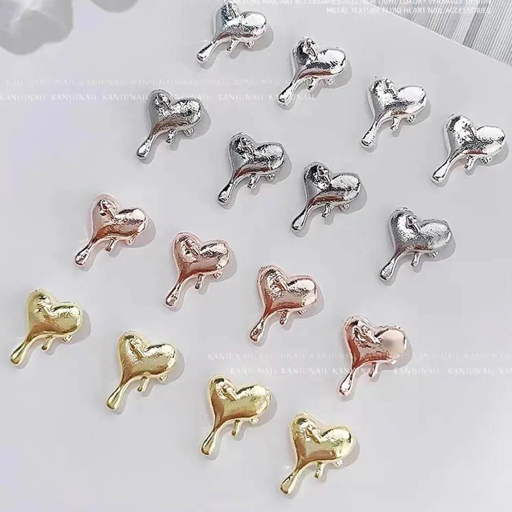 10Pcs Alloy Lava Design Nail Heart Parts Charm Metal Love Jewelry Water Drop on Heart Nails Accessories 3D Gold Silver Nails Dec