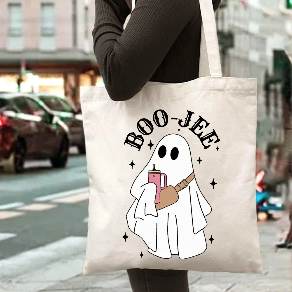 Cute Black Cat Ghosts Printed Canvas Tote Bag Funny Halloween Theme Satchel Aesthetic Female Casual Commute Pack