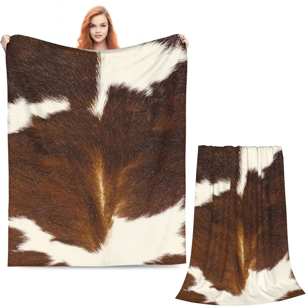 Stylish Cow Fur Cowhide Texture Cow Skin Print Patter Blankets Soft Warm Flannel Throw Blanket Plush for Bed Travel Home Couch