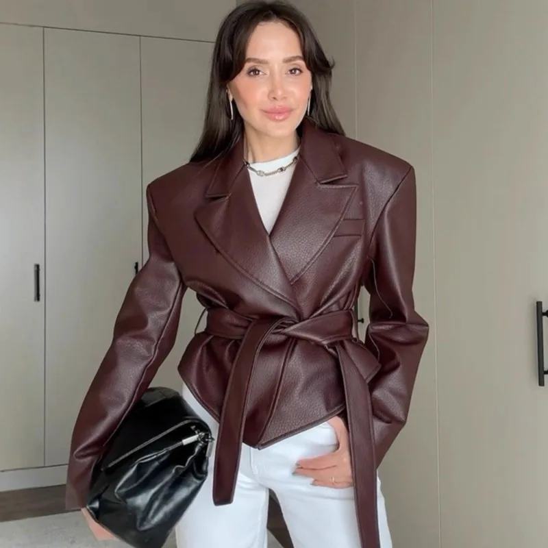 

Talenza Vintage Women's Leather Jacket Belt Slim Lace Up Lapel Long Sleeve Short Coat 2025 Autumn Lady Outerwear Y2k High Street