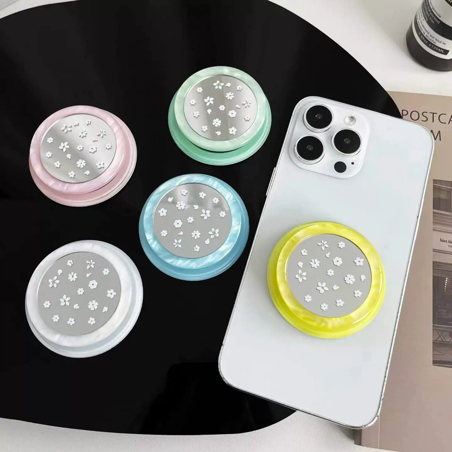 Ins Style Flower Magnetic Phone Grip Holder Makeup Mirror Bracket Stand Finger Socket Cell Mobile Accessory Girls Daily Decor
