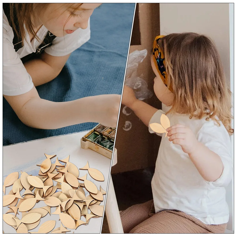 

200pcs Wooden Fish Cutout Unfinished Wood Slices DIY Craft for Kids Creative Painting Blank Chips Solid Wood Animal Cutouts