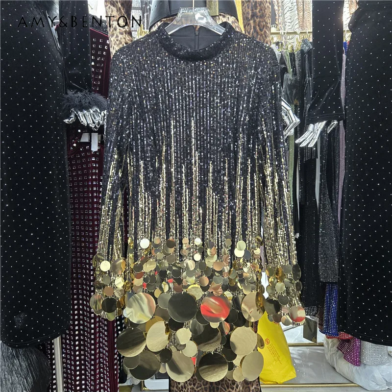 

American Style 2026 Early Spring New Heavy Industry Sequin Shiny Slim Fit Sexy Evening Dress Women's Long-sleeves O-neck Dresses