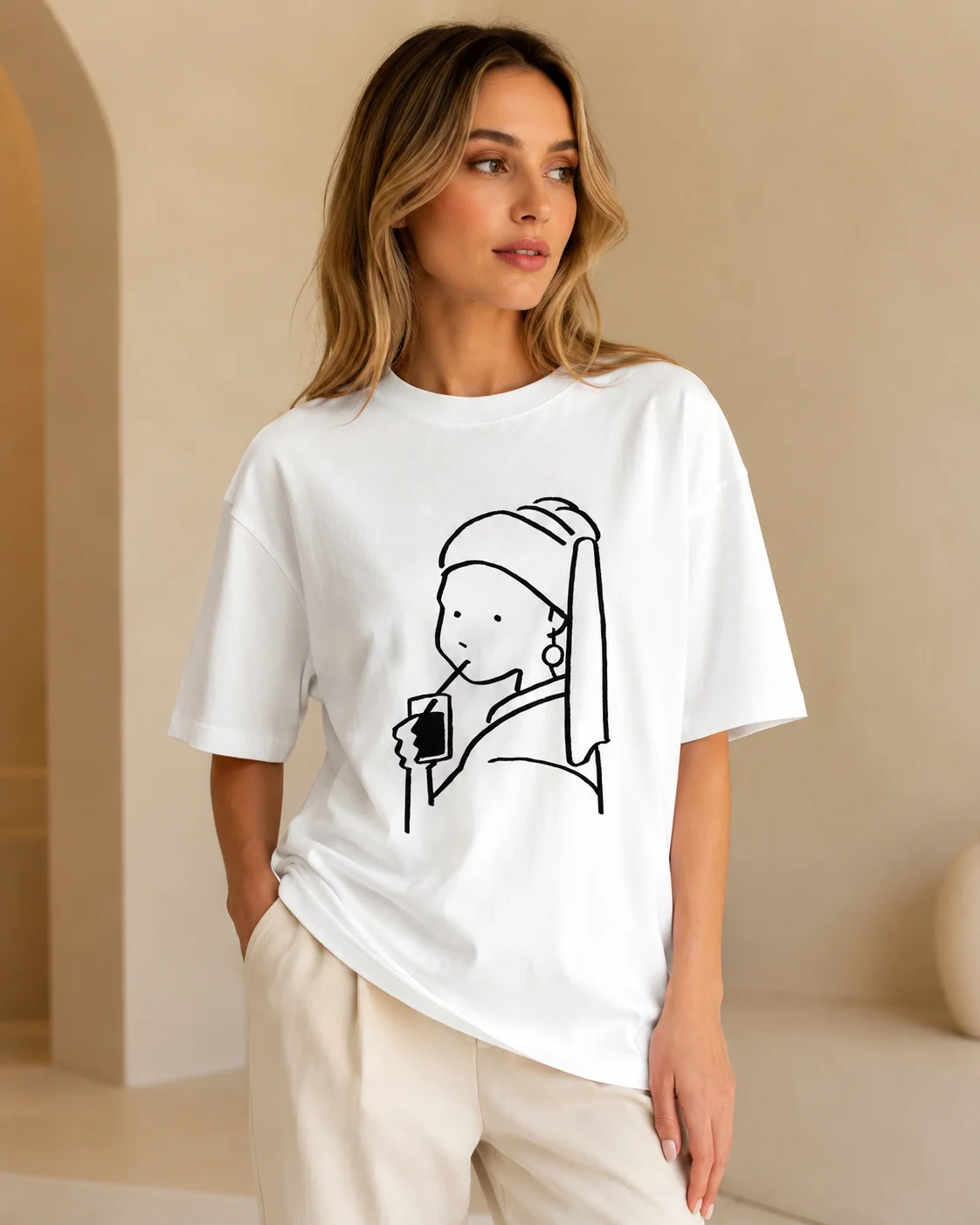 Simple Cartoon Illustration of Pearl Earrings Fashionable Women's Summer Casual Cute Round Neck T-shirt Cotton Shirt Plus Size