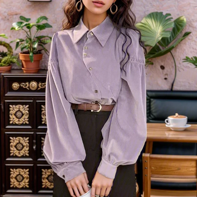 Autumn Solid Color Casual Loose Clothes Hong Kong Style Vintage Long Sleeve Shirt Women Tops Elegant Purple Blouse Blusas 29832