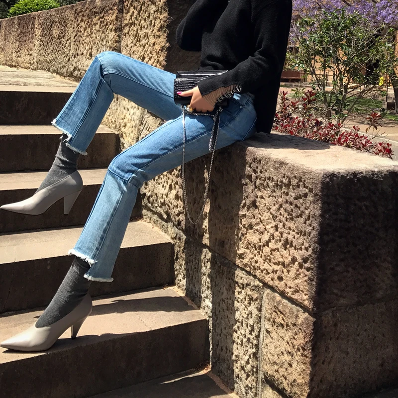 

Новые модные джинсы прямого кроя с цветными вставками, рваным краем и эластичным денимом для женщин, премиум-качество...