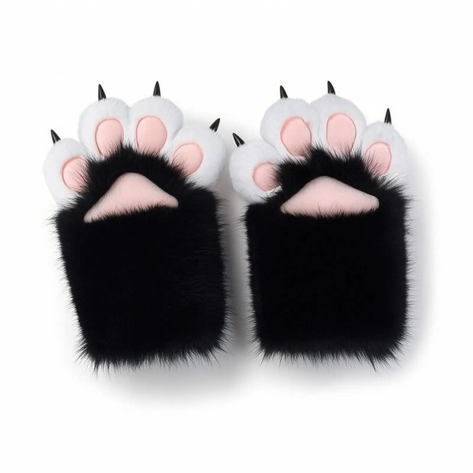 Furry Plush Paw Gloves Fingerless Animal Costume Gloves for Halloween Cosplay Party Faux Fur Cat Paws with Cushion Detail
