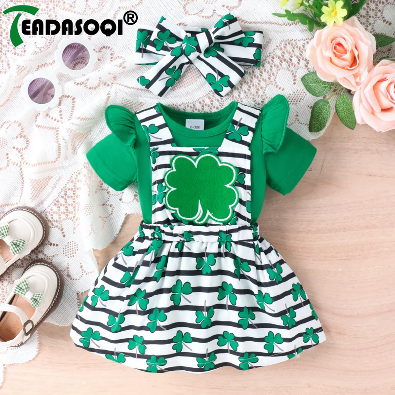 0-18M Summer Newborn Baby Girls St Patrick s Day Outfits Clover Prints Long Sleeve Romper Skirt Bowknot Headband 3Pcs Kids Set