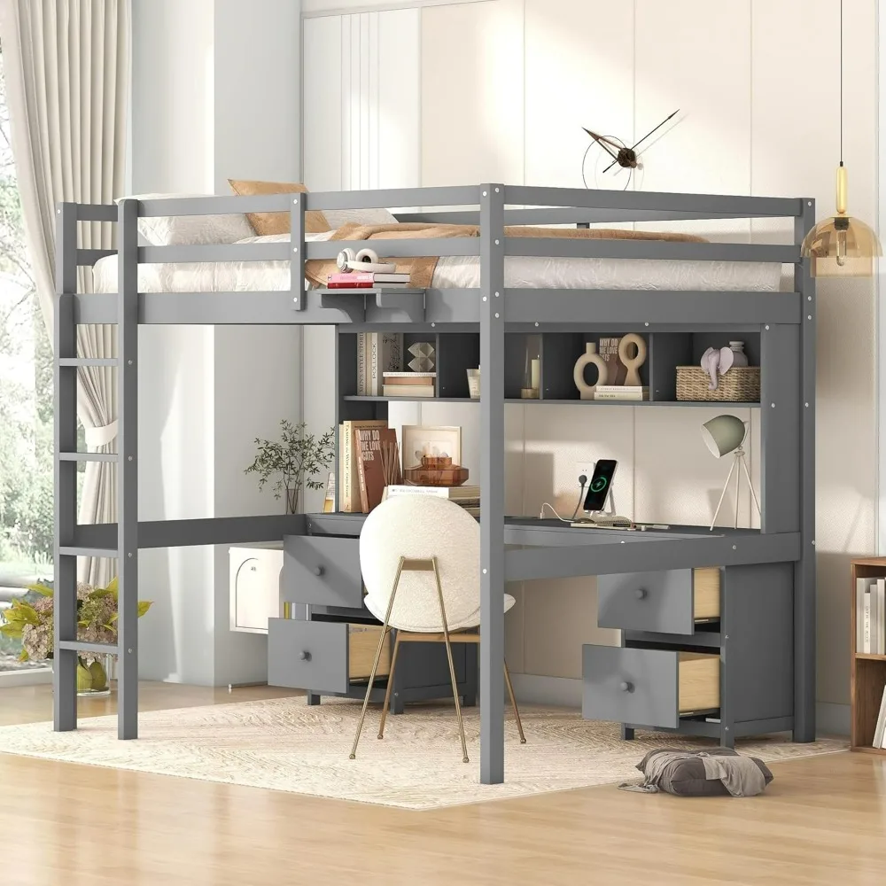 Full Size Dormitory Bed with Desk, Bookshelf,  Loft Bed Frame with Storage Drawers and Bedside Tray, Charging Station (Gray)