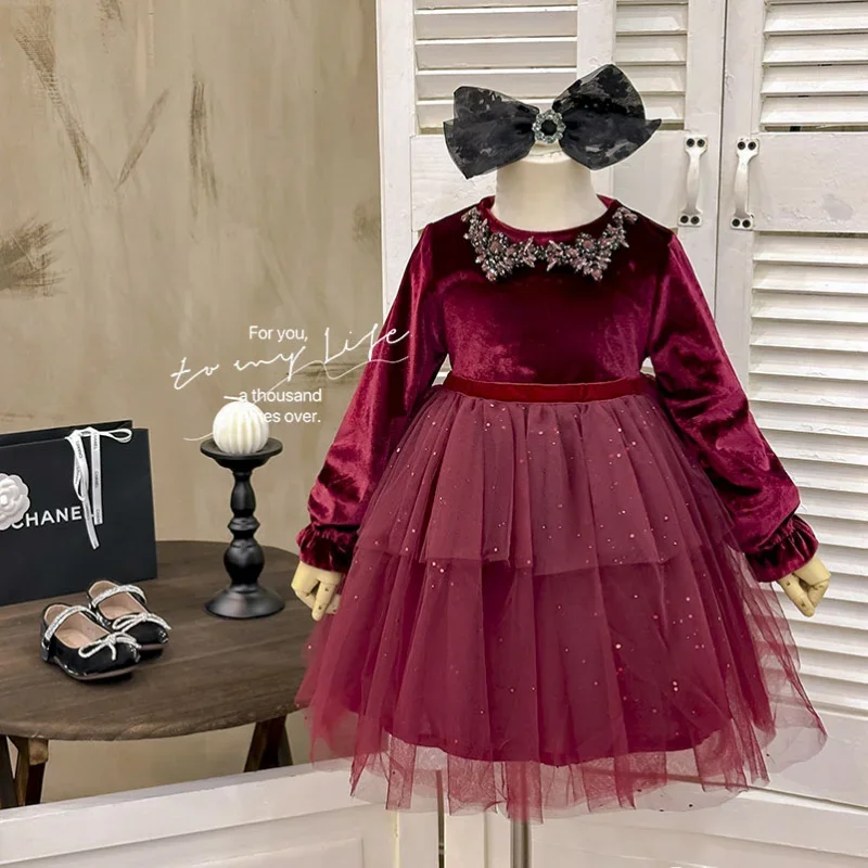 Girls Spring and Autumn New High-end Sequin Princess Diamond Collar Velvet Birthday Dress