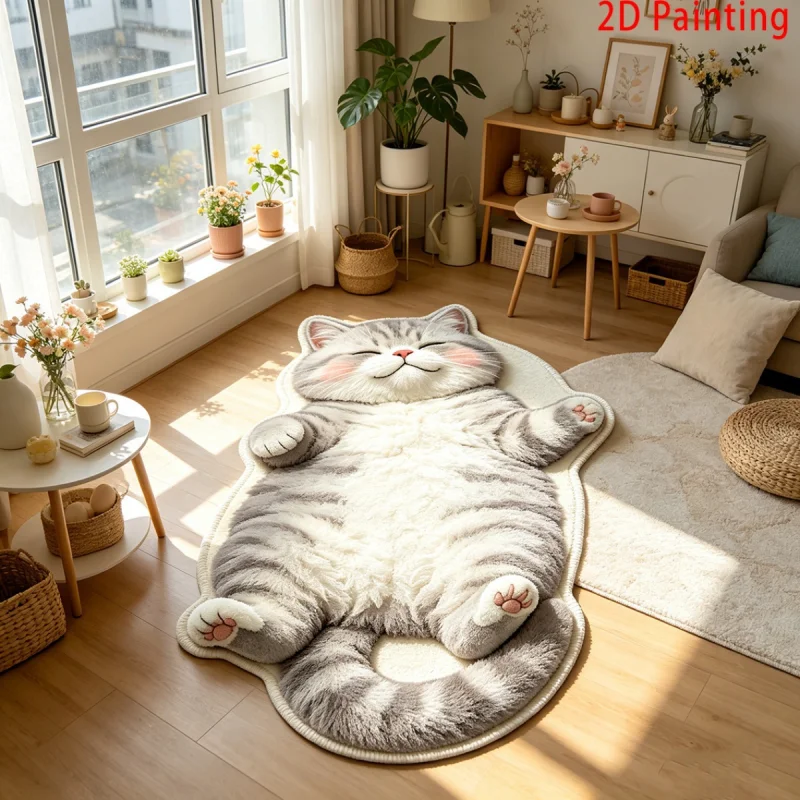 VIKAMA Grey Cat Shaped Lying Belly Cute British Shorthair Pet Art Flannel Door Mat Non Slip Entryway Bedroom Living Room Home